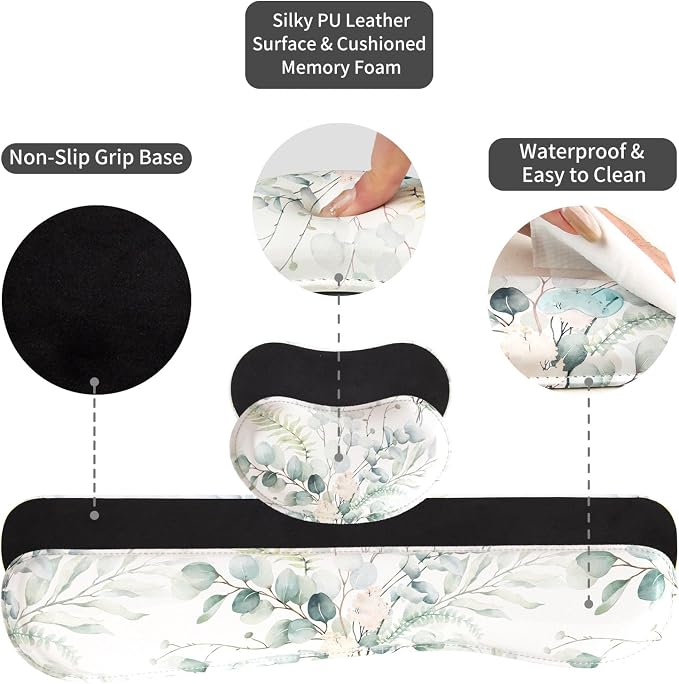 QIYI Leather Desk Mat Set, 4-in-1 Large Mouse Pad with Wrist Rest, Non-Slip Desk Pad + Keyboard Wrist Rest + Mouse Wrist Support + Coaster, Office Desk Accessories Home Decor Supplies, Eucalyptus Leaf