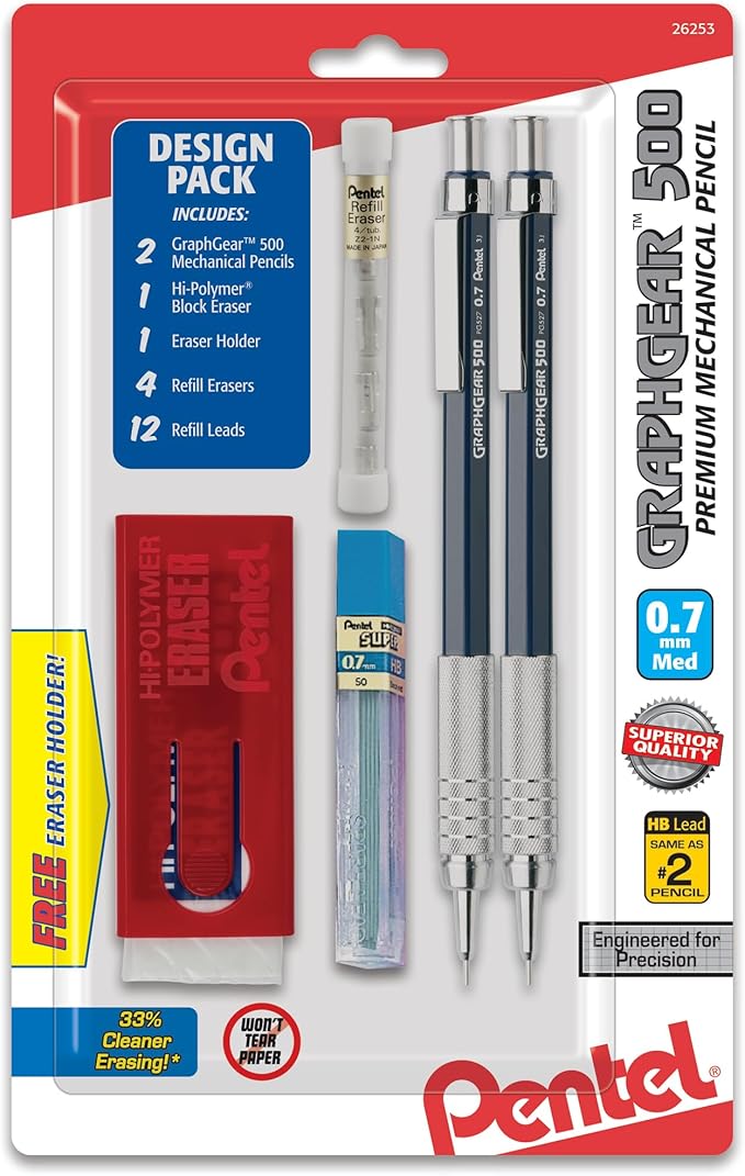 Pentel GraphGear 500 Automatic Pencil Kit, 0.7mm, Refill Leads, Block Eraser 2 Pack (PG527LEBP2)