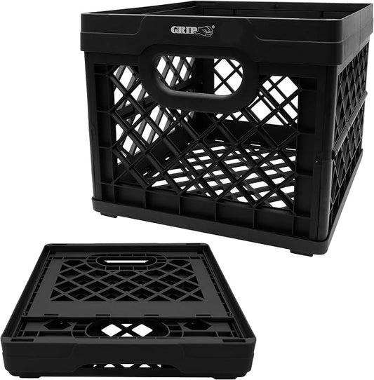 Grip Folding Stackable Storage Bin, Blk, 6 Gallon - Dimensions: 13" x 13" x 11" - Milk Crate - Capacity: 50 lbs - Heavy Duty Plastic - Collapsible Crate for Sporting Goods, Toys, Pool Toys, Files