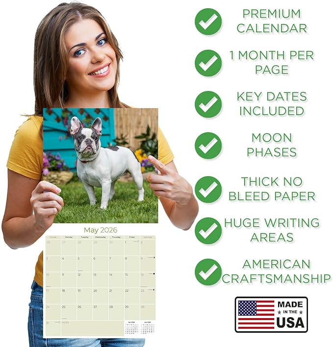 French Bulldog Calendar 2026 – 16-Month Dog Breed Wall Calendar by MegaCalendars – Large Daily Blocks, Thick No-Bleed Paper, Made in USA