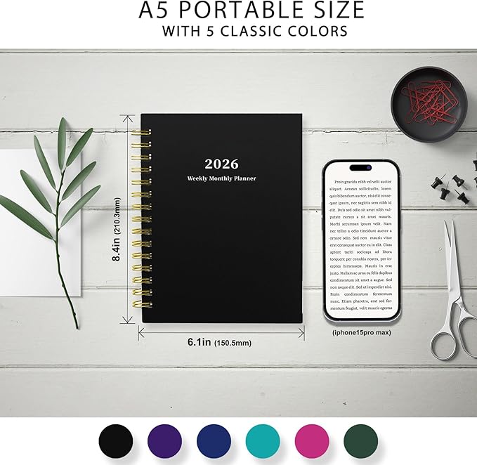 Ymumuda 2026 Planner, Daily Weekly and Monthly Planner，Jan 2026 - Dec 2026, 8.4" x 6.3", 2026 Calendar Planner Book with Tabs, Spiral Notebook with Inner Pocket for Office Home School Supplies