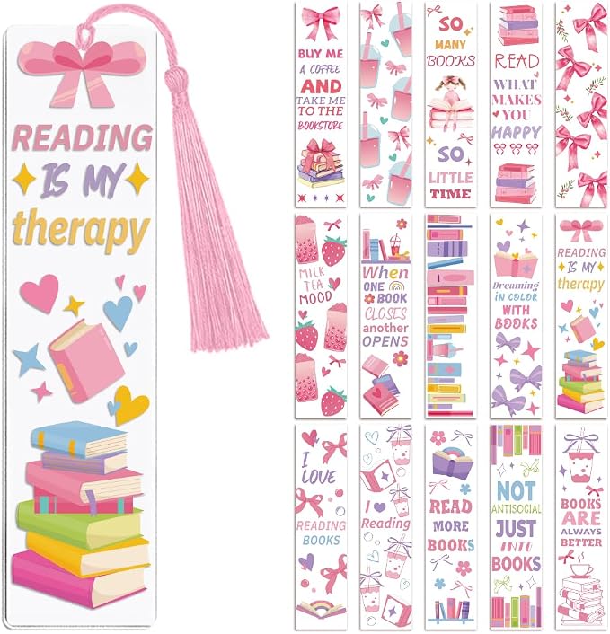 Peacoblue 30pcs UV DTF Bookmarks Transfer Stickers Wraps Pink Bow and Book for Women Men Reading, Waterproof Bookmarkers Decal(No Blank Bookmarks) for Acrylic Plastic Metal Blank Bookmark