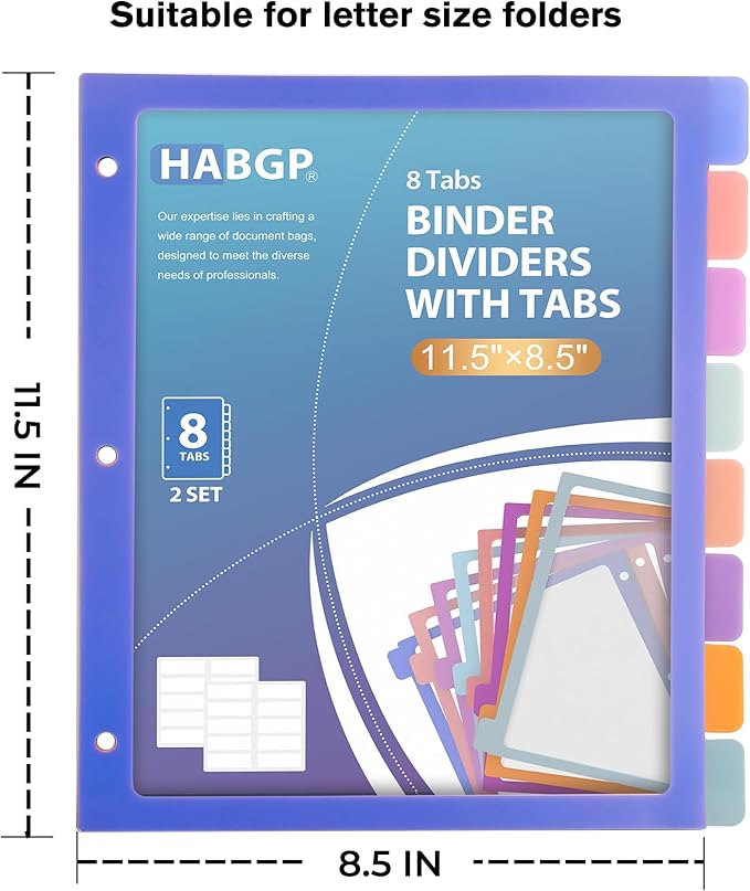 HABGP 2 Set 8 Tab Binder Dividers for 3 Ring, Plastic Binder Dividers with Tabs Letter Size Multicolor, Pastel Colors 3 Hole Punch Clear Page Folder Dividers File Organizer