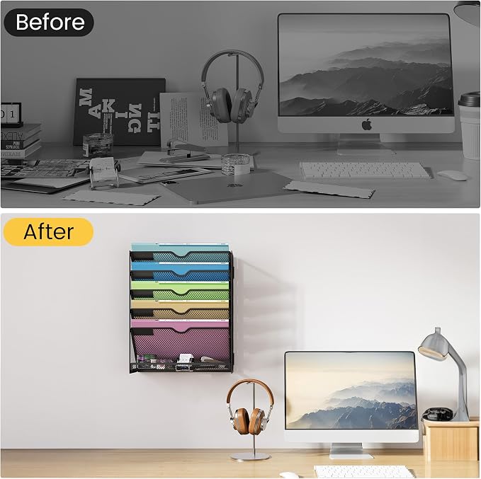 Hanging Wall File Organizer 6-Tier Wall Mount Mail Organizer & Desk Paper Organizer, Sleek White Metal File Folder Holder for Office, Cubicle, Bedroom | All-in-One Document Storage Shelf