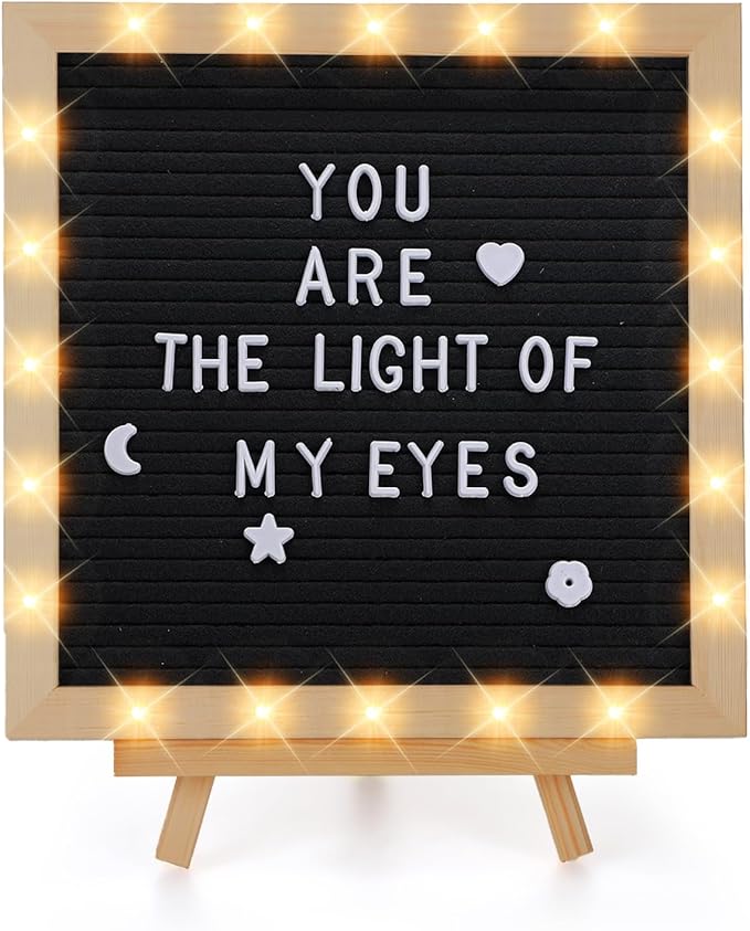 Changeable Felt Letter Board with LED Lights - 10×10" Message Custom Signs & Wood Stand & 450 Letters, Poster Board for Graduation/Baby/Pregnancy Announcement/Classroom Wall Decor Gifts, Black