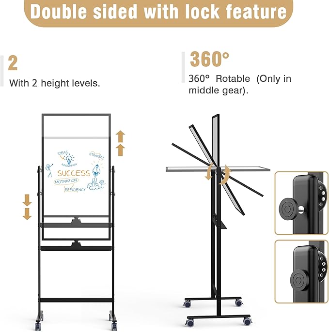 Rolling Whiteboard/w Height Adjustable, Mifuro 24 X 36 Large Portable Dry Erase Board with Stand and Wheels for Office,Classroom &School, Black