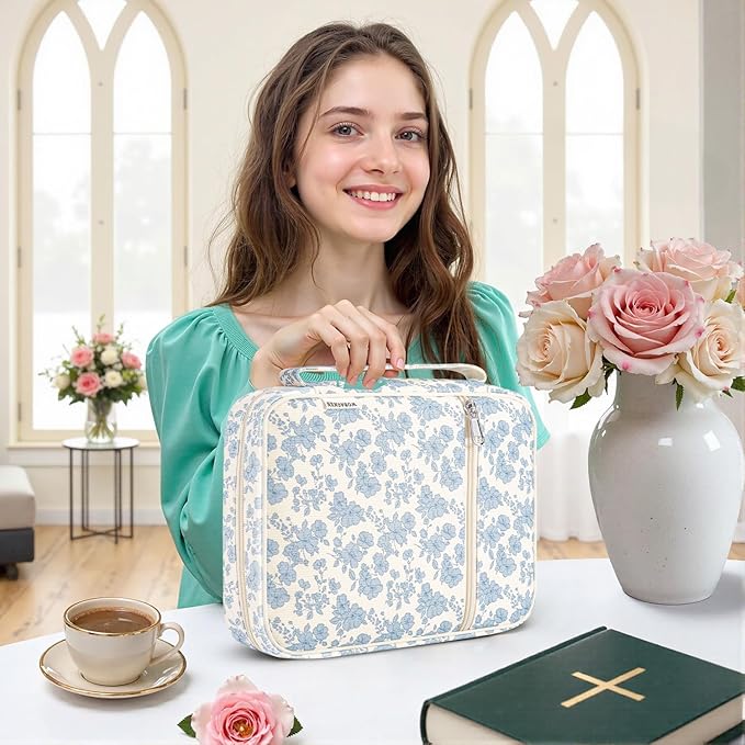 WOBAGMEN Bible Cover Case for Women,Cordoury Bible Cover with Handle,Blue Floral Bible Book Cover,Carrying Case Bible Protective Christian Gift(Cute Blue Floral, M)