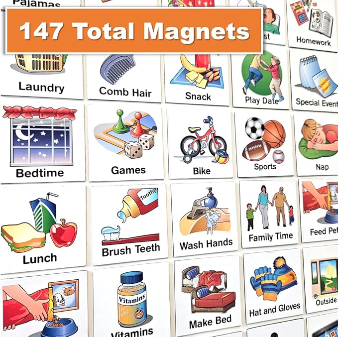 SchKIDules REDESIGNED Magnetic Visual Schedule Home Bundle Kit for Daily Routines, Chores, Behavioral Supports, Kids Calendar, and ADHD Help includes 129 Magnets, 18" Folding Reversable Board and more