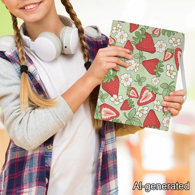Dreaweet Green Book Sleeve Book Protector,Strawberry Print Book Covers for Paperbacks Textbook Hardcover up to 9 x 11 Inches,Washable Fabric,Book Sleeves for Women Girls
