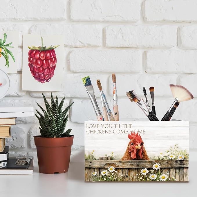 Farmhouse Daisy Floral Chicken Pen Holder for Desk, Chicken Lover Gifts Pencil Organizer, Rustic Rooster Hen Wooden Box Sign Desk Decor for Kids Girls Room Nursery Decoration