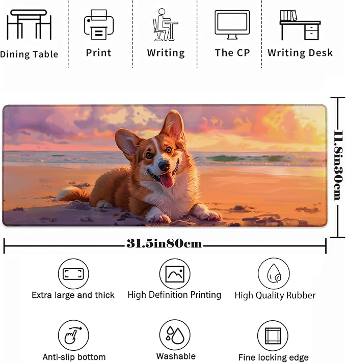 Cute Dog Mouse Pad，Beach Corgi Gaming Keyboard Mat，Laptop Computer Protector with Non-Slip Rubber Base，Large Extended MousePads Gifts for Desk Office Home，Deskmat Decor 31.5" x 11.8"