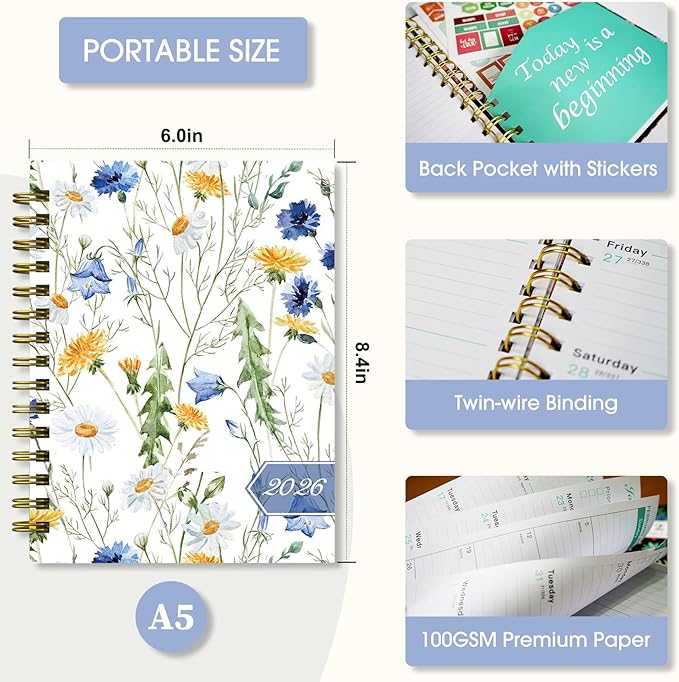 Ymumuda 2026 Planner, Daily Weekly Monthly Planner, 2026 Calendar Planner (Jan 2026 - Dec 2026), 8.4" x 6.3", Teacher School Student Work Agenda with Tabs, Ideal for School Office Supplies