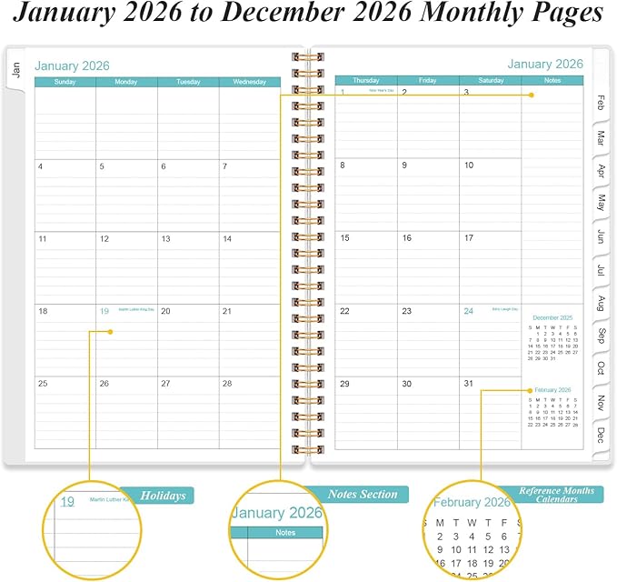 2026 Daily & Monthly Planner - One Page Per Day, Daily Planner 2026 from January 2026 to December 2026, Planner 2026 with 12 Monthly Tabs, 6.4" x 8.5", Rose Leaf