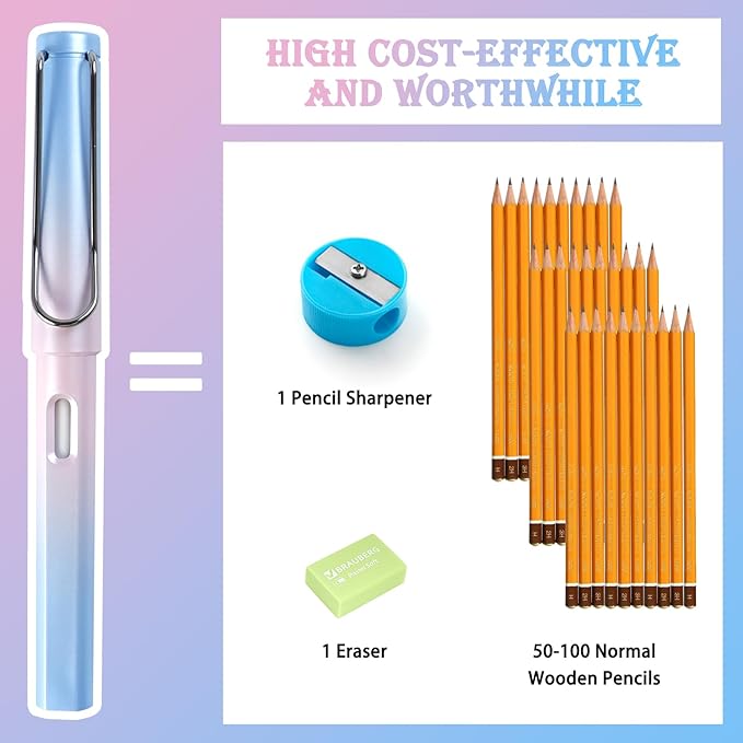 12Pcs Everlasting Pencils with 12 Replacement Tips, Reusable Infinity Pencil with Eraser, Inkless Pencil Eternal pencil for Writing, Forever Pencil for Student Sketching Office Supplies