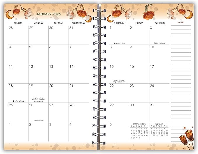 Moonlit Poppies 2026 Weekly & Monthly Planner, 12-Month Engagement Calendar with Boho Floral and Lunar Art for Dreamy Night Sky Inspiration, 2026, 6" × 9"
