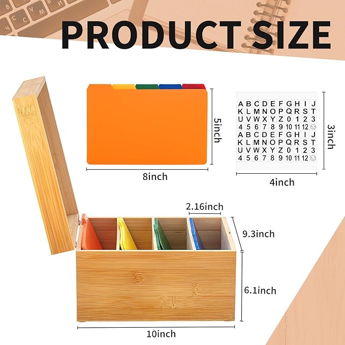 Henoyso 5 x 8 Inch Index Card Holder Set, Bamboo Organizer Box with 50 Dividers & 2 Sheets Alphabet Number Stickers File Note Holders, Holds 1200 Cards for Office Business Home Kitchen, Wooden Color