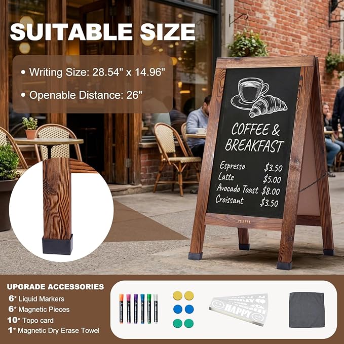 Large Sandwich A-Frame Chalkboard Sign - 40 x 20 Inches Magnetic Wooden Chalk Board for Sidewalk, Stand up Double-Sided Outdoor Easel Display for Restaurant Cafe Shop Wedding Party or Business