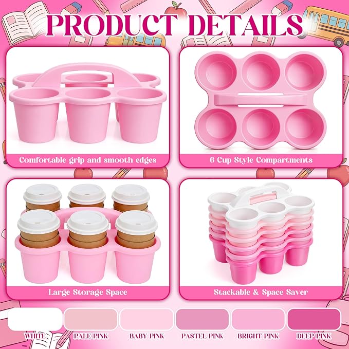 Suclain 6 Pcs Classroom Caddy with Handle Plastic Caddy Organizer with 6 Compartments Drink Cup Caddies Holder Portable Desk Crayon Storage Basket Pin for Teacher Kids Office School(Pink)