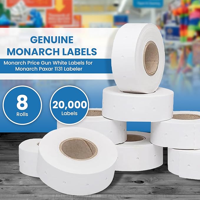 Monarch Price Gun White Labels for Monarch Paxar 1131 Labeler - Easy to Load Pricing Tag Gun Label, Fits Well with Monarch 1131 Label Maker for Smooth and Hassle-Free Labeling, (8 White Label Rolls)