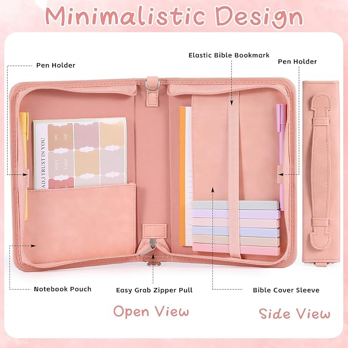 19PCS Floral Pink Leather Bible Cover for Women Bible Cover Cases for Teen Girls Christmas Gift Christian Bags Journaling Kit with Shoulder Strap Highlighter Pens & Book Marker 10.47 * 7.48 * 2.17in