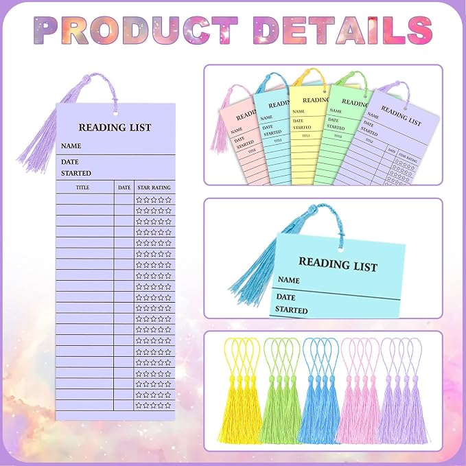 100 Pieces Reading List Bookmark with Tassels, 3 x 8 Inch 5 Colors Personal Libraries Cards 20 Pieces Tassels for Reading Lovers Kids Students Teachers(Pastel)