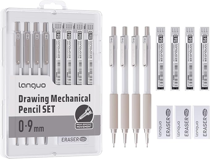 languo 0.9mm Mechanical Pencil Set with Case, 4PCS Drafting Mechanical Pencils Kit – 4 Tubes HB Lead Refills, 3 Erasers, Ideal Pencil Set for Writing & Drawing