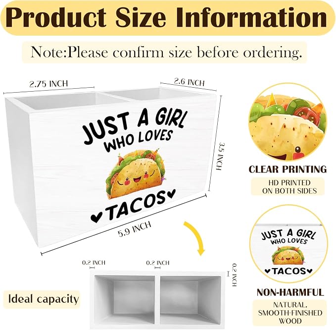 Mexican Taco Pen Holder for Desk, Gifts for Taco Lovers Pencil Organizer, Just a Girl Who Loves Tacos Wooden Box Sign Desk Decor for Home Office Decoration