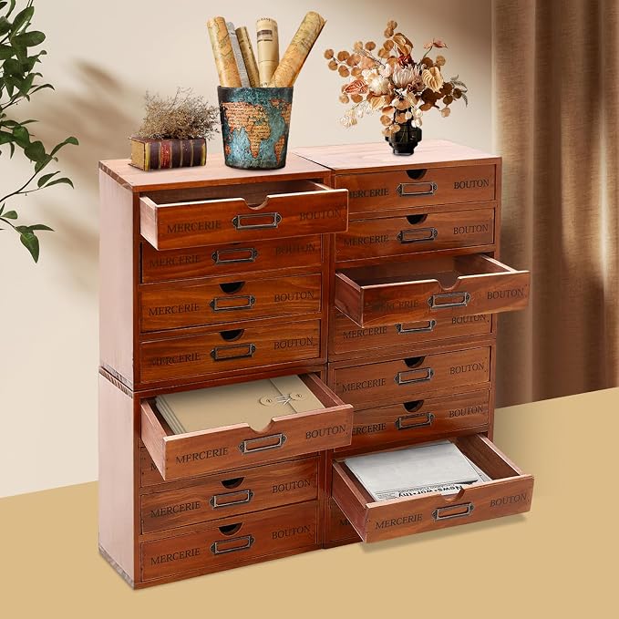 16-Drawer Wooden Storage Box, Literature Organizer 4Pcs 4-Slot Wooden Desk Drawer Unit Desktop File Holder, Craft Storage Box for Home, File Cabinet for Office, Classrooms, Cafes (Brown)