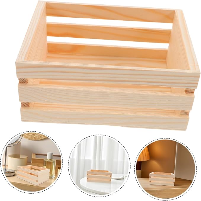 VALICLUD Box Desktop Wooden Storage Basket Hamper Storage Bins Small Wood Basket Desk Storage Basket Decorative Crate Living Room Basket Wooden Crates for Decor Kitchen Bins Beige