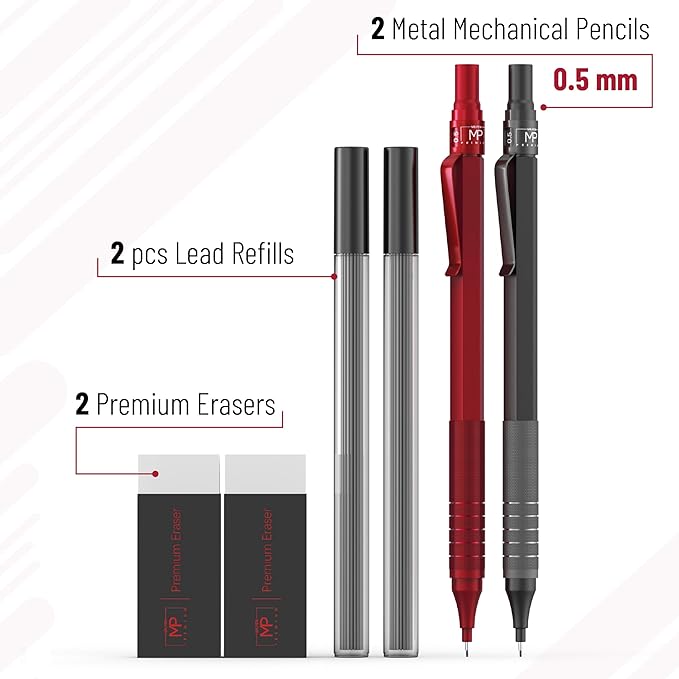 Mr. Pen- 0.5mm Metal Mechanical Pencil Set with Lead Refills & Erasers, 2 Pack, 2x Tubes Lead Refill, 2x Erasers, Red Faux Leather Pencil Case for School Supplies, Note Taking, Drawing, Sketching
