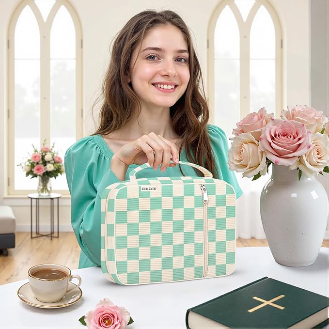 WOBAGMEN Bible Cover Case for Women,Cordoury Bible Cover with Handle,Green Checkered Bible Book Cover,Carrying Case Bible Protective Christian Gift(Green Plaid, M)