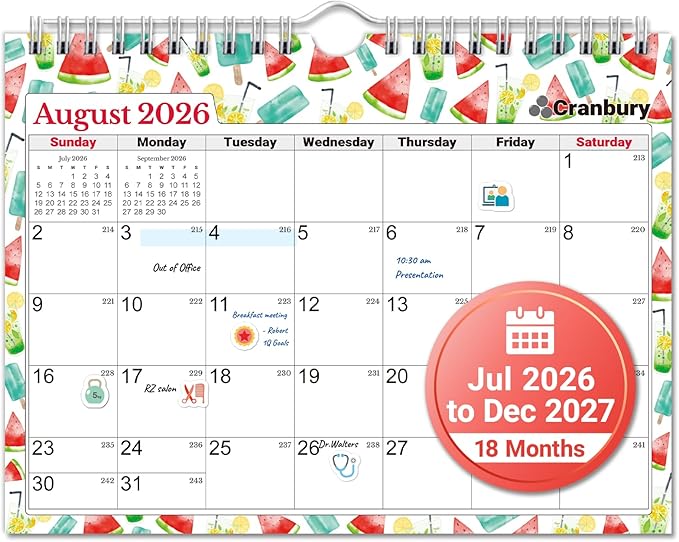 CRANBURY Wall Calendar 2026-2027, 8x6", 18 Months Jul. 2026 to Dec. 2027, Thick Paper, Premium Quality, Small Desk & Wall Planner for Office, School, Mini Monthly Hanging Calendar with Stickers