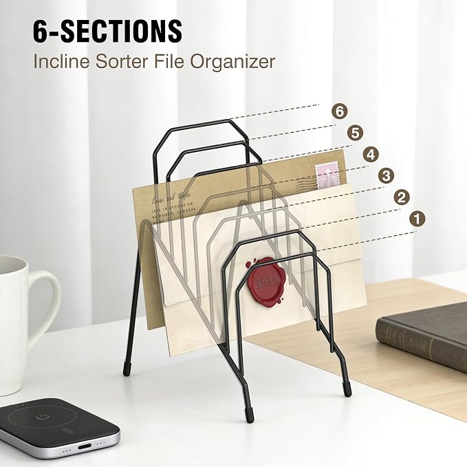 Gawerk Incline Desk Mail Organizer, Mail Sorter Letter Organizer Rack with 6-Section Vertical Compartments Rack for Letters, Postcards, Brochures, Mail Holder for Office, Home, School (4 Pack)