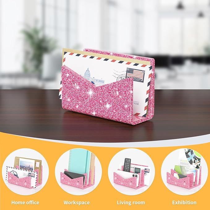 Mail Organizer Envelope Holder - Glitter Pink Acrylic Mail Holder Countertop Vertical Desk Organizer Small File Bill Document Notebook Letter Sorter for Home School Office Supplies