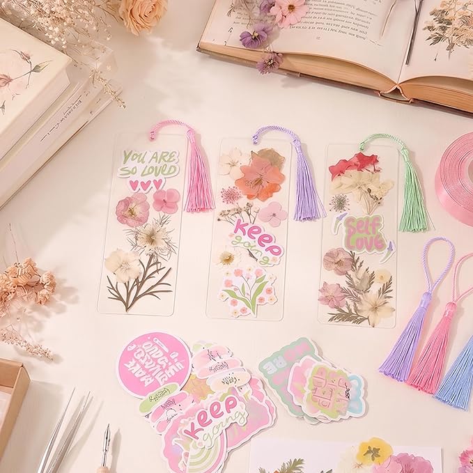 Pressed Flower Bookmark Kit,233Pcs Dried Flower Book Mark Making Kits,Includes 80 Dried Flowers,50 Laminating Pouches,50 Tassle and Puncher,Handmade Craft Gift DIY Bookmarks for Women Girl Book Lovers