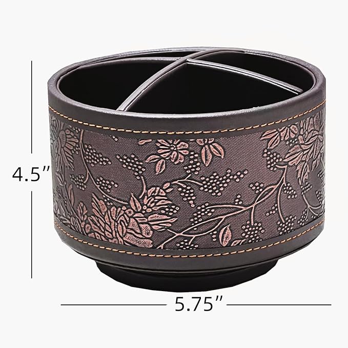 PU Leather Round TV Remote Control Holder for Table,360° Swivel Office Supply Desktop Organizer,4 Compartments Phone/Pen/Pencil Holder,Suitable for Stationery/Heater Controllers Etc (Antique)