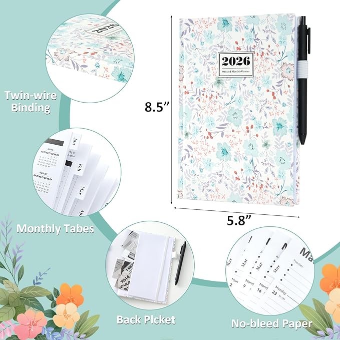 2026 Planner Weekly & Monthly – A5 Size 8.5" x 5.8", PU Leather Hardcover Planner 2026 with Twin-Wire Binding, Thick Paper, 2026 Small Planner Calendar for Home, Office, School-Flower