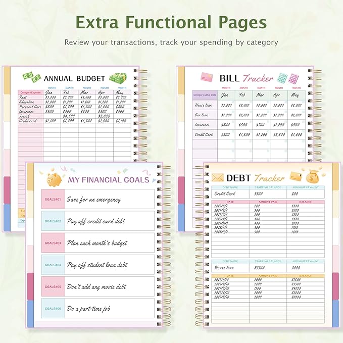 Ospelelf Budget Planner and Monthly Bill Organizer, Spiral Bindding Money Expense Tracker with Pockets & Stickers, 9" X 11" Large Pages for Spacious Writing, Original Fun Colorful Design, 12 Month Financial Notebook Green Floral