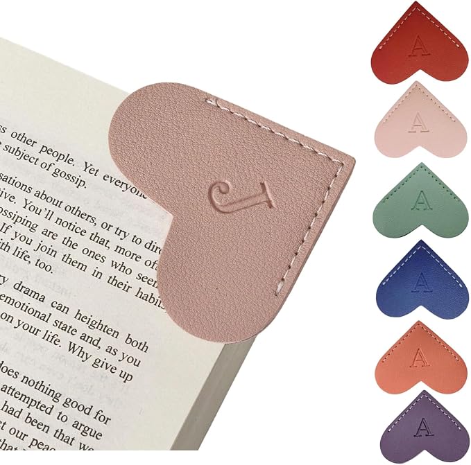Personalized Leather Heart Bookmarks with Initials, 26 Letters Custom Corner Book Mark for Reading Women,Teacher, Student, Book Lovers Book Marker, Meaningful Gifts (Red+Pink,J)