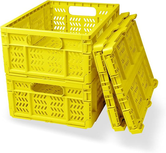 20L Folding Crate, 4Pack Plastic Storage Baskets Organizer for Home and Office,Collapsible Storage Crates for Home Office and Outdoor Organizer.(Yellow) w