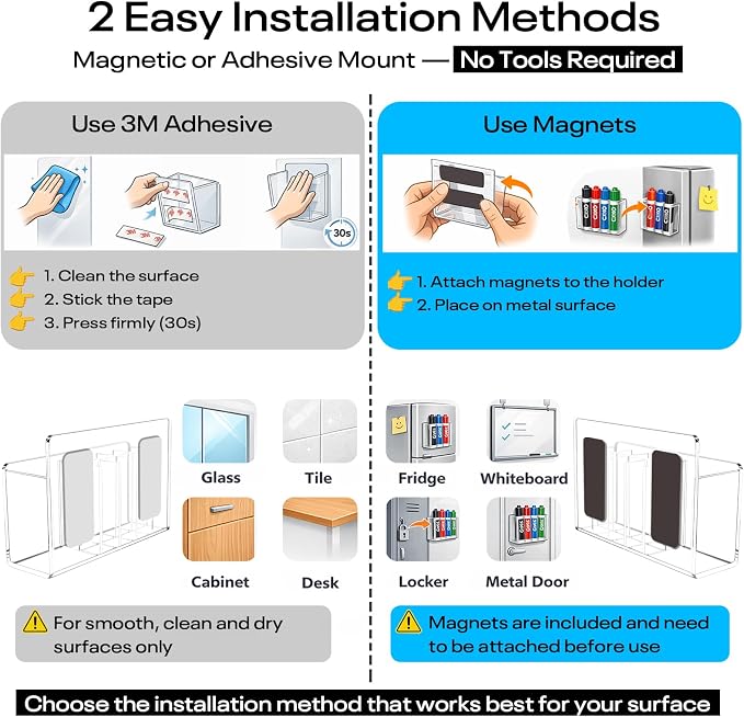 Magnetic Dry Erase Marker Holder for Whiteboard, Adhesive Marker Organizer for Refrigerator, Acrylic Pen Holder for Locker Accessories, Locker Organizer for Work, Pencil Cup for Desk, Clear