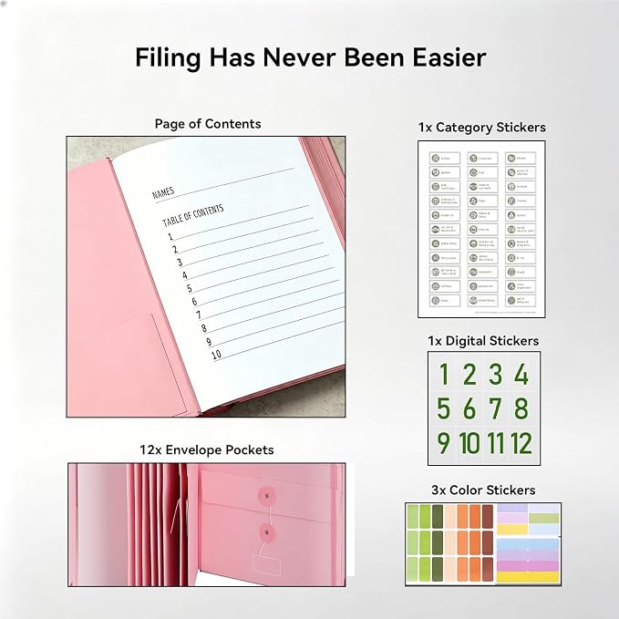 Important Document Organizer, File Folder with Labels and 12 Pockets, Expanding Storage Folder for Family Emergency Binder, Life Binder Organizer for Photos and Letters, Pink