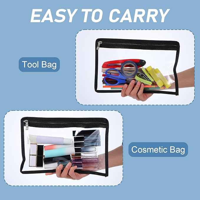 16 Pieces Clear Zipper Pouches Pencil Pouches PVC Makeup Pouch Envelopes Folder Storage Multi Purpose Pouch Document File Organization Bags, Office Supplies (Black Edging, 11.5 x 7.5 Inches)