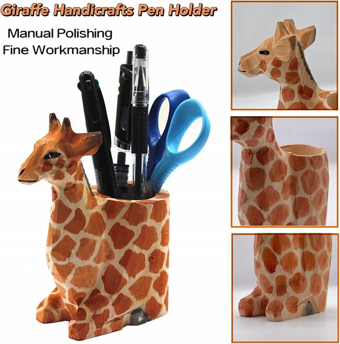 TANG SONG Creative Wood Carving Giraffe Handicrafts Pen and Pencil Holder Office Desk Supplies Organizer Pencil Cup