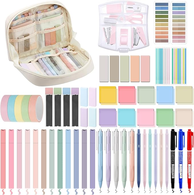 Sinload 60 Pcs Aesthetic Book Annotation Kit Pencil Case with Highlighter Gel Pen Mechanical Pencil Magnetic Bookmarks Transparent Sticky Note Tabs Mini Office Supplies(Cream Beige)
