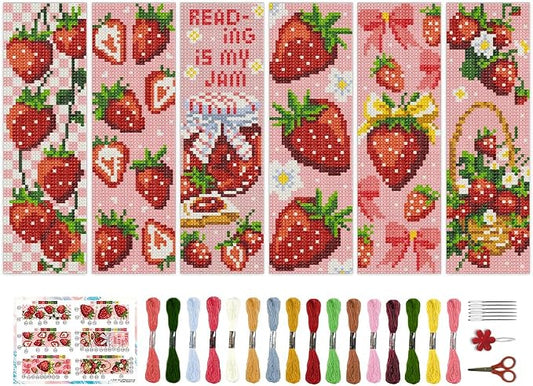 BEUNITONE 6PCS Cross Stitch Bookmarks Kit for Adults Beginners,Strawberry Book Mark DIY Stamped Embroidery Bookmark Kits with Backing Felt Floss,8.5''x3'' Page Markers for Students Teachers Reading