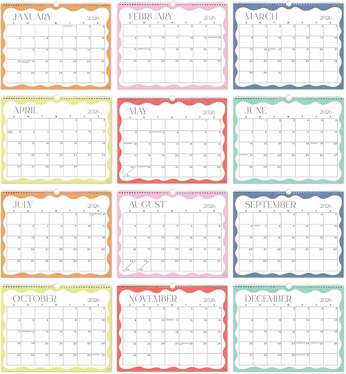 S&O Modern Wavy Wall Calendar from January 2026-June 2027 - Tear-Off Monthly Calendar - 18 Month Academic Wall Planner - Hanging Organizer to Track Anniversaries & Appointments - 13.5"x10.5”in