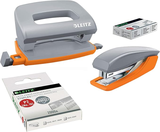 Leitz Urban Chic Mini-Heftgerät und -locher im Set, Für bis zu 10 Blatt, Inkl. Heftklammern, Grau, 55996088 (1 Set + 2000 Klammern extra (Neu))L8