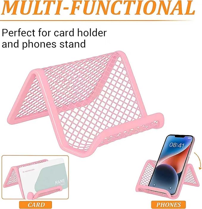 Business Card Holder for Desk, Office Desktop Business Card Display Holder, Mesh Business Card Holder, Desk Accessories for Women and Men, Pink(6 Pack)