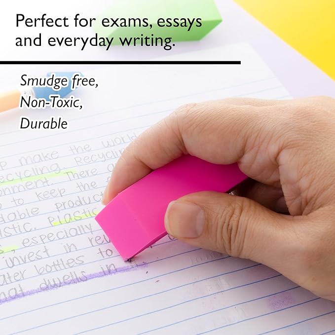 BAZIC Products Erasers, Neon Bevel Eraser, Latex Free, Large Size Block Erasers for Art Drawing School Office Teachers (6/Pack), 2-Packs